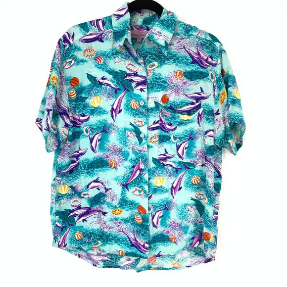 VINTAGE Guess By Marciano Men's Sz 2 US M Button Up Casual Shirt Dolphin Print
